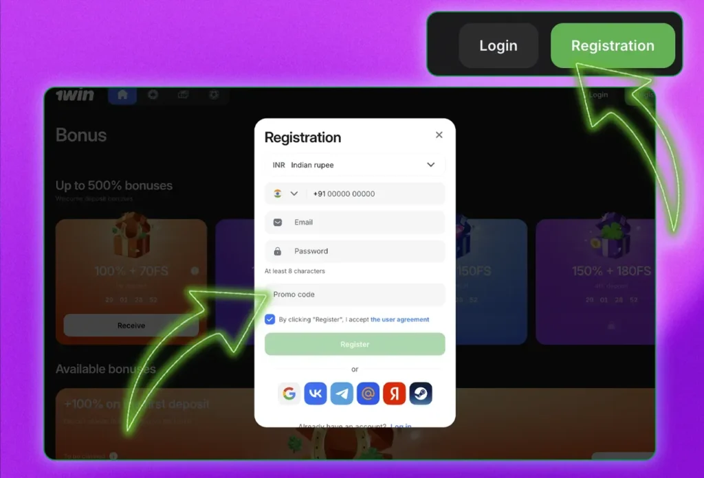 Registration in 1win in India
