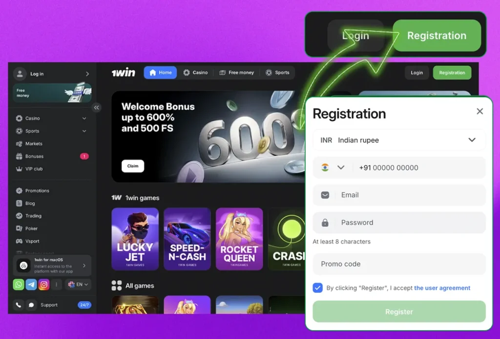 Registration processs 1win in India